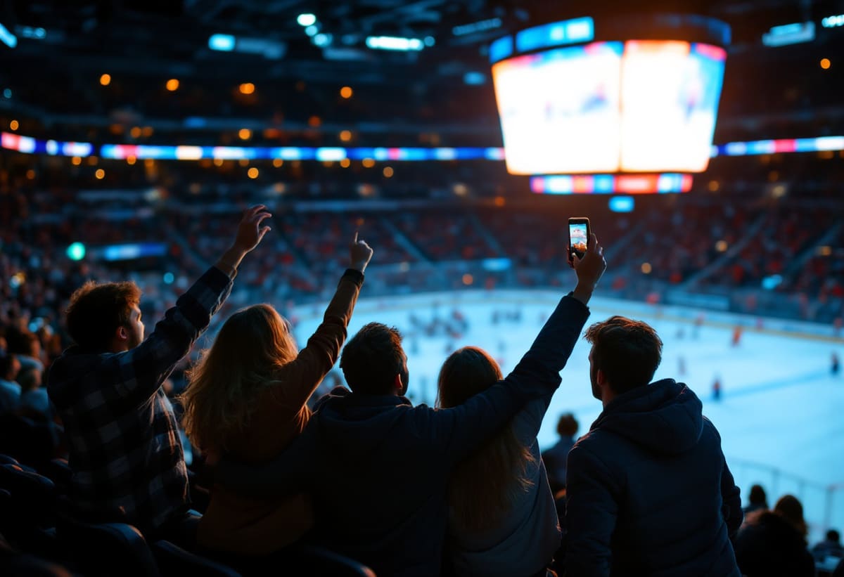 Friends celebrating a goal in the stands of an ice hockey arena, one filming on a phone