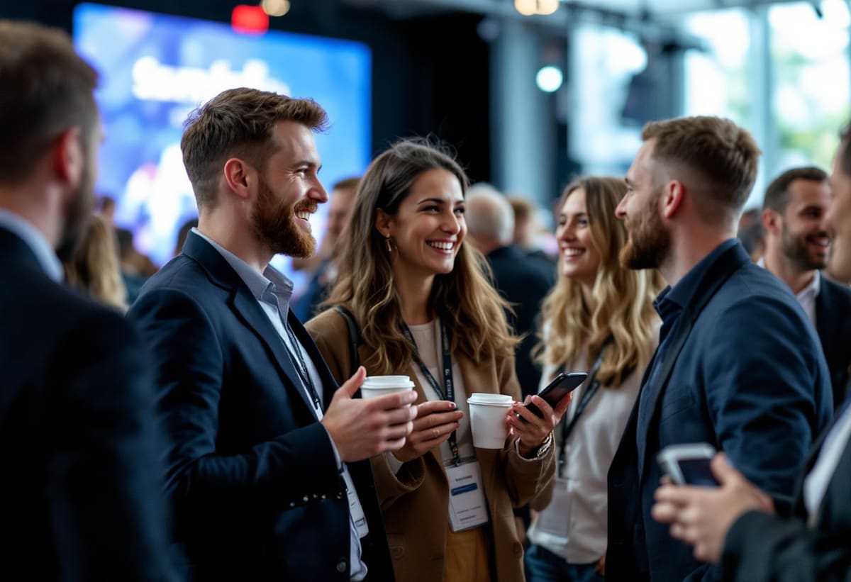 Attendees laughing together with coffee at a business conference