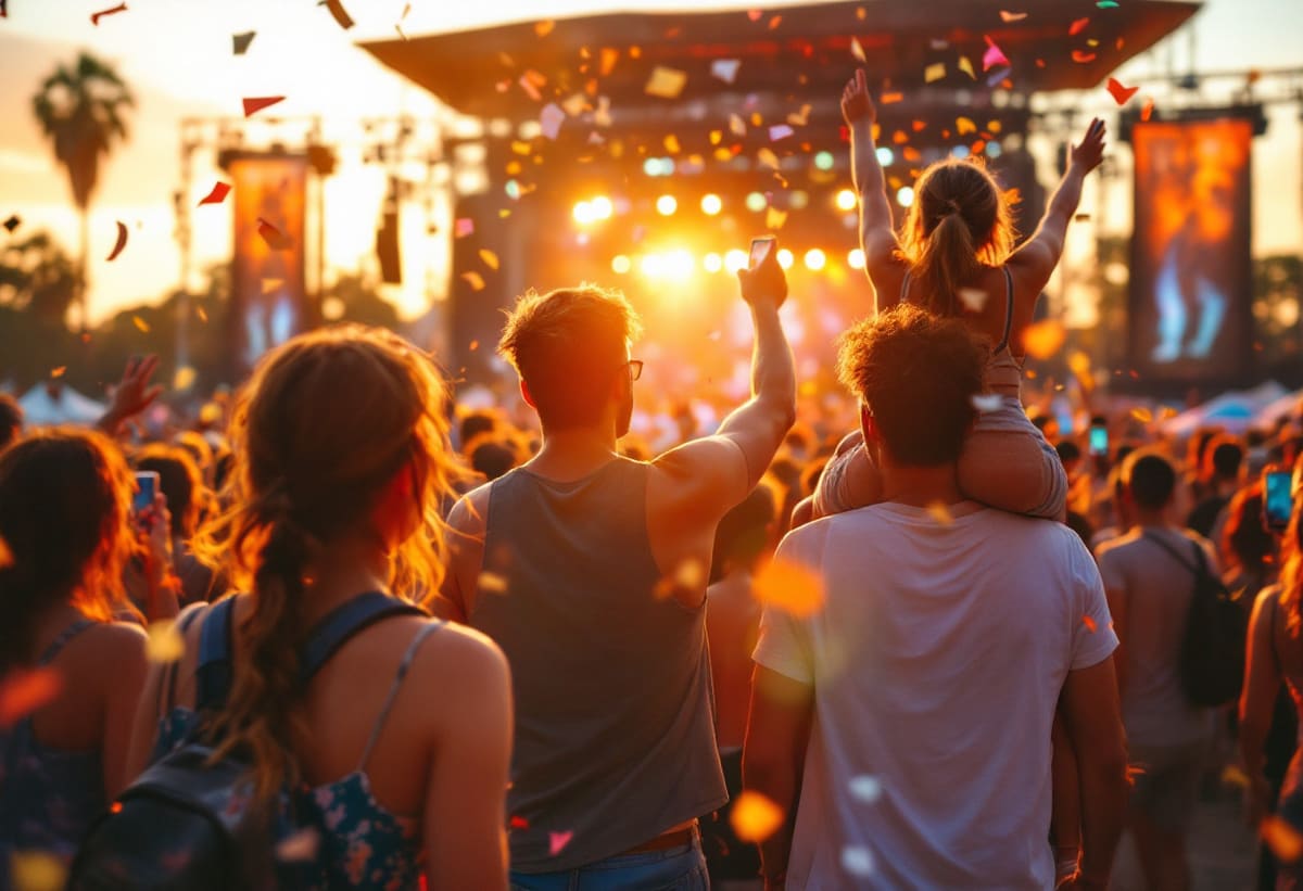 Friends cheering in front of a festival stage at sunset with confetti