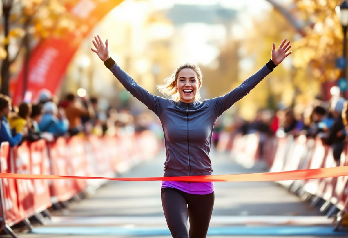 A runner crossing a finish line with arms raised