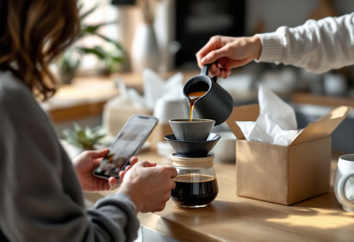 A customer pouring coffee with a newly unboxed kettle at home