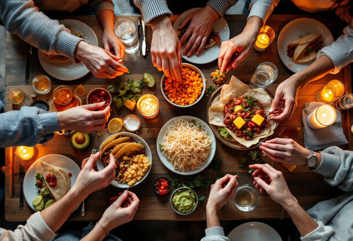 Hands reaching across a Taco Friday dinner table